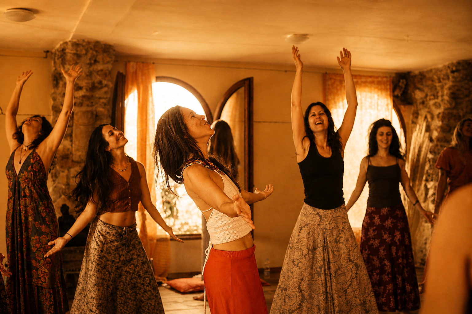 Mujeres con los brazos en alto danzando a la luz del atardecer