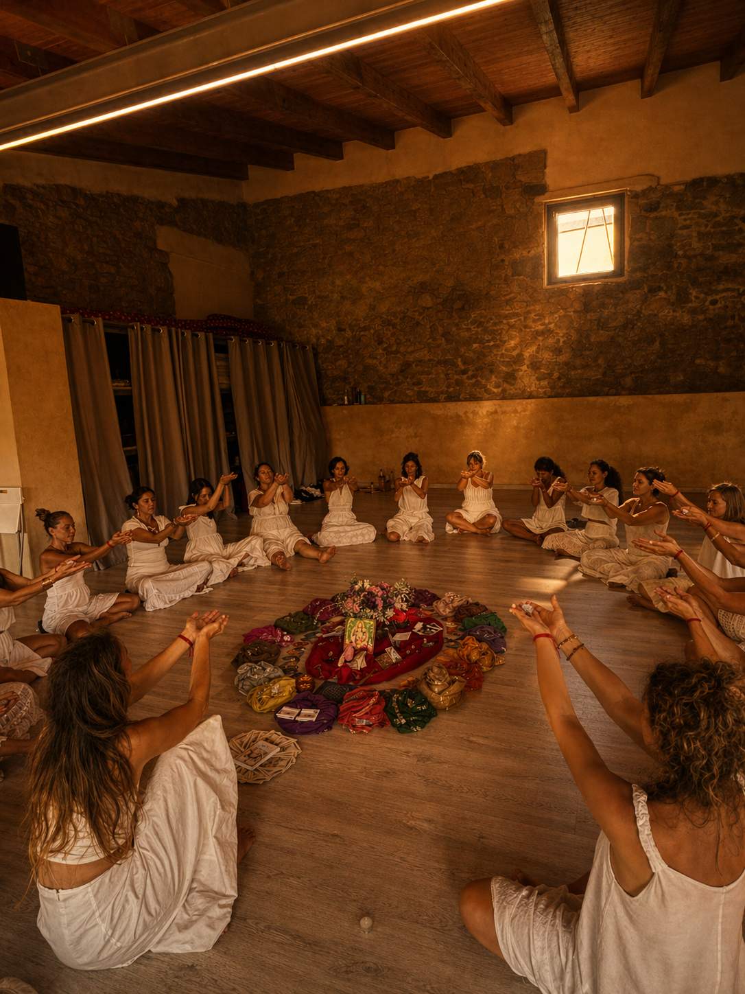 Círculo de mujeres sentadas alrededor de un altar en una sesión de Danza Útera®